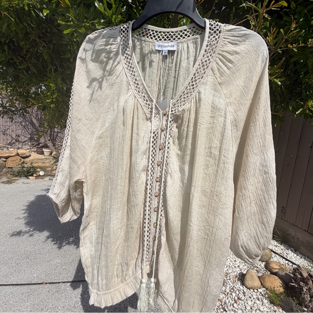 NWT Queenspark Cream Crochet-Trim Peasant Top size 12 L